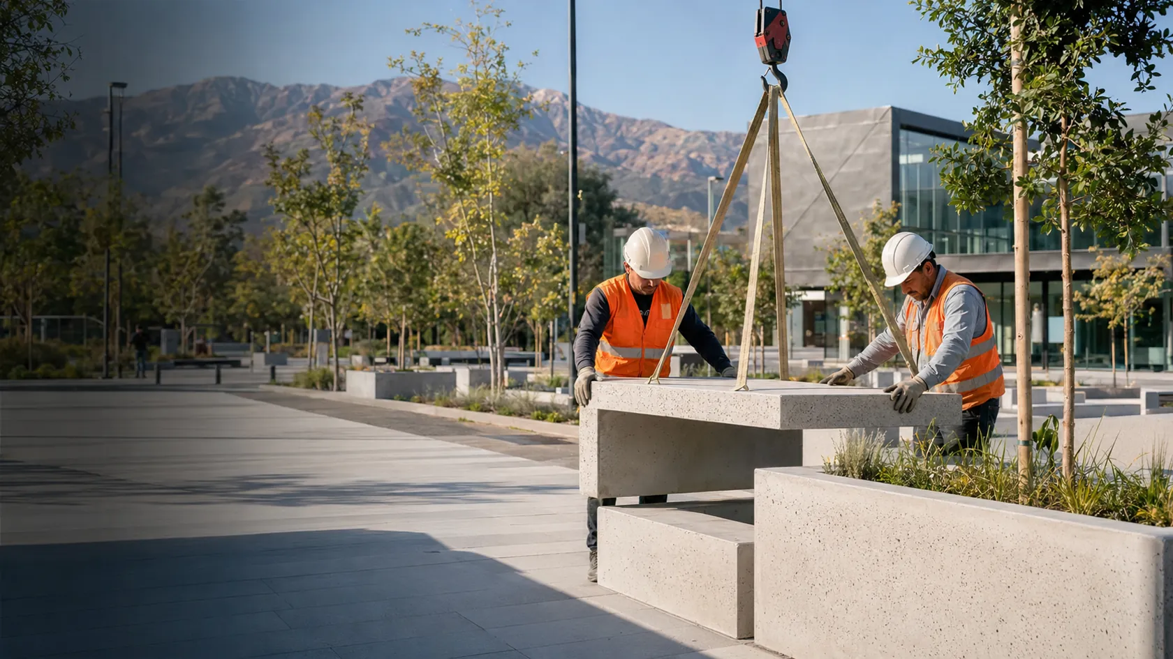 Montaje de mobiliario urbano prefabricado de hormigón con grúa
